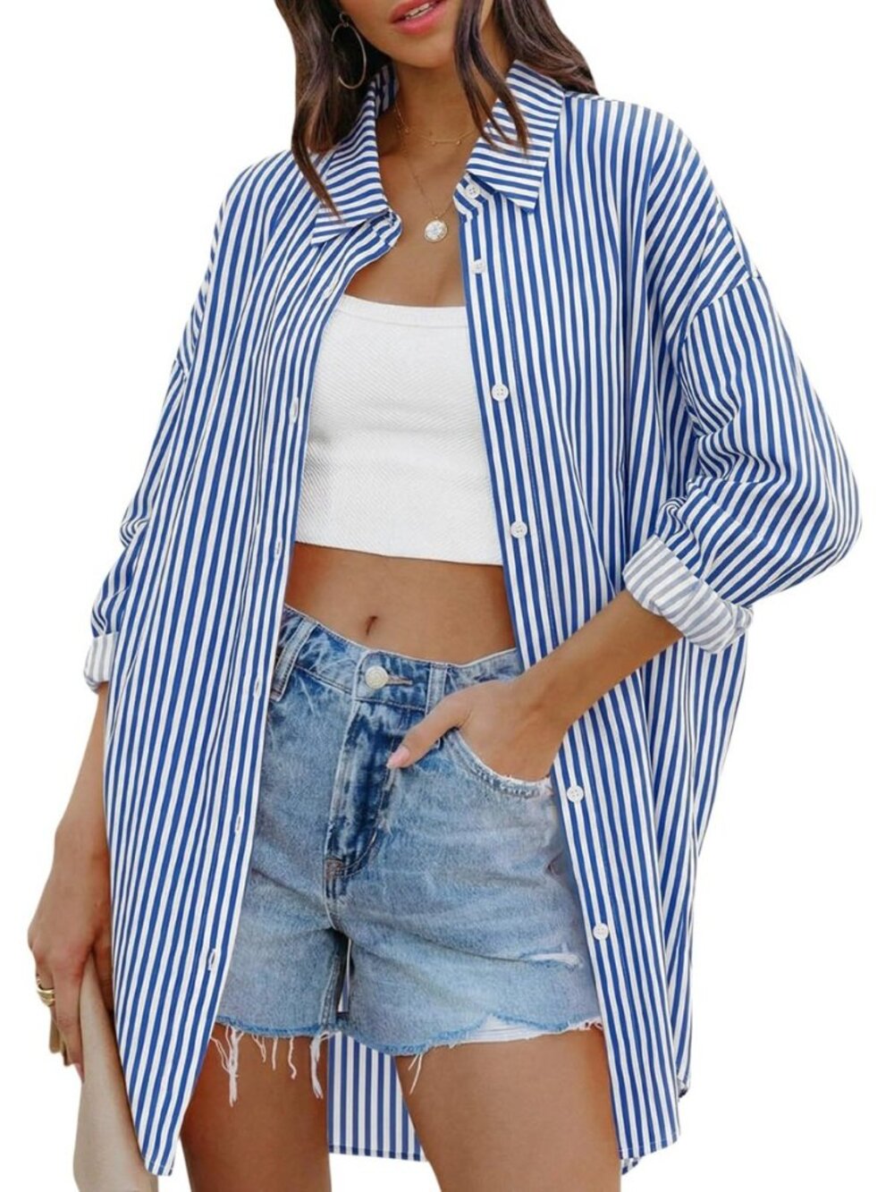 Womens Oversized Button Down Shirts Casual Loose Long Sleeve Solid Lapel Long